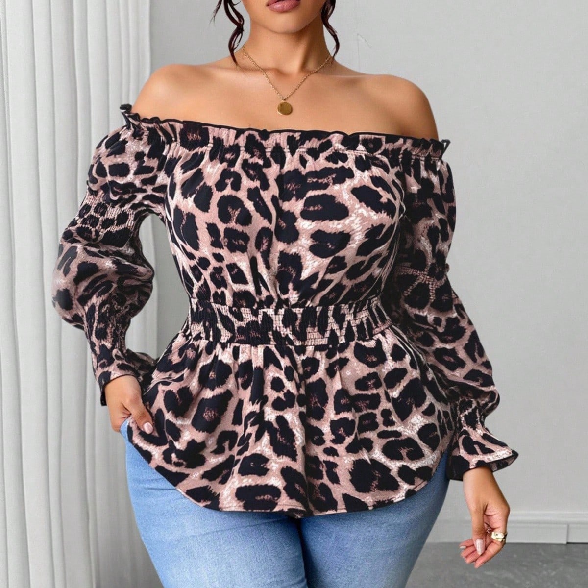 Plus Size Women Leopard Print  - đánh giá và giá Blouse Off Shoulder
