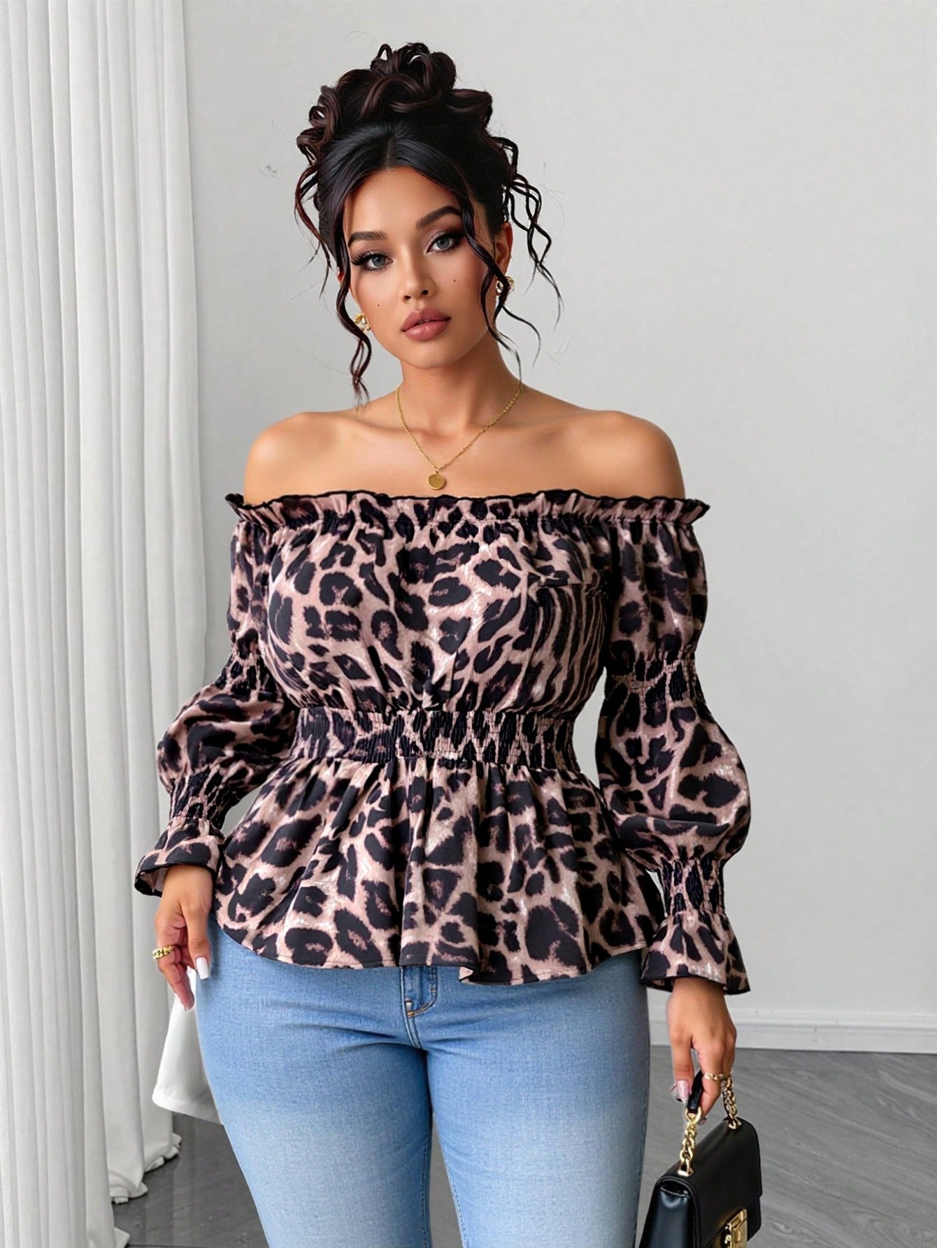 Plus Size Women Leopard Print  - đánh giá và giá Blouse Off Shoulder