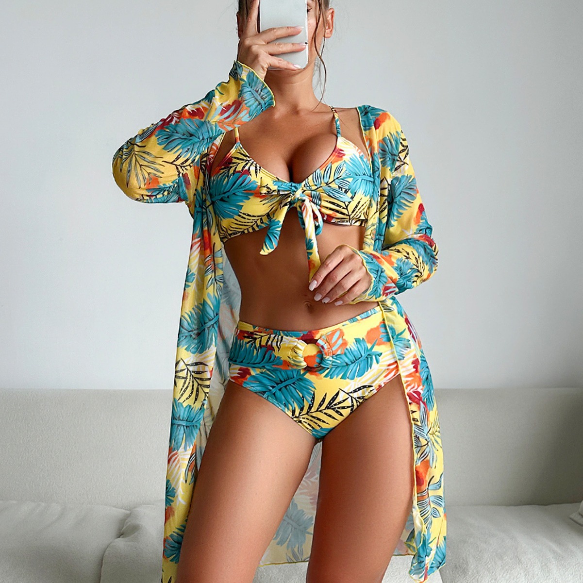 Women 3‑Piece Floral Swimsuit  - đánh giá và giá Kimono Sheer Floral